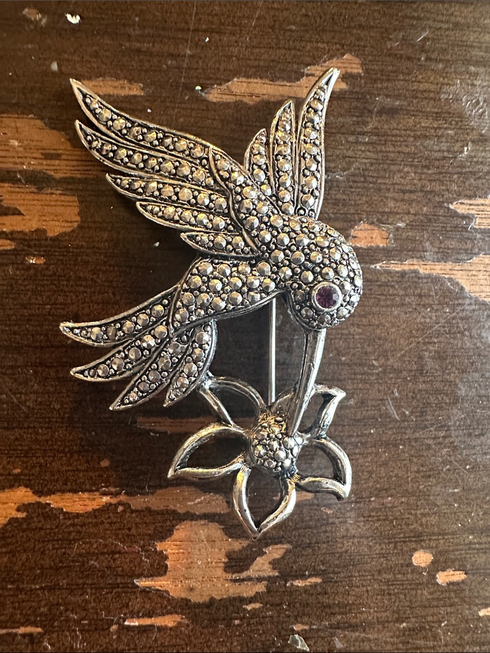 anon amethyst eyed marcasite humming bird brooch